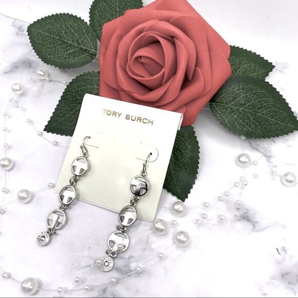 New Tory Burch Silver Round Drop T French Wire Dangle Earrings - Picture 3 of 7